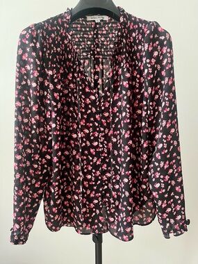 Rose & Olive Whimsigoth Blouse with Pink Floral Print and Smocked Neck US XS